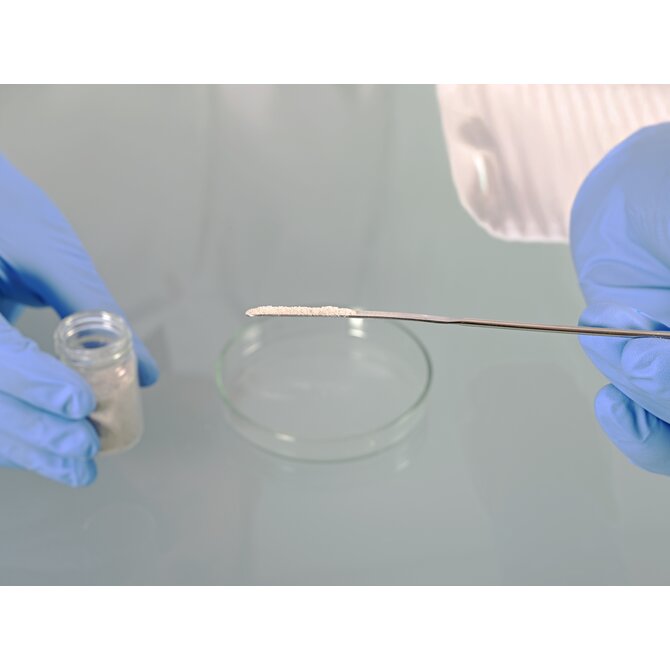 Micro powder spatula, angular/semi-cup-shaped, made of stainless steel