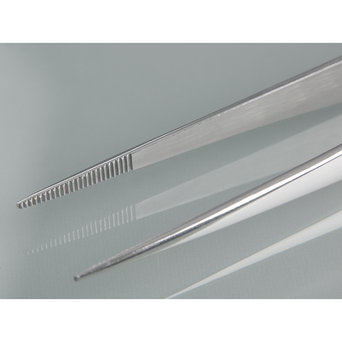 Forceps, stainless steel, sharp, straight 104 mm silber